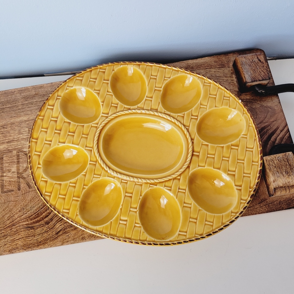 Vintage Deviled Egg Yellow Ceramic Tray Japan Basket Weave Inlay